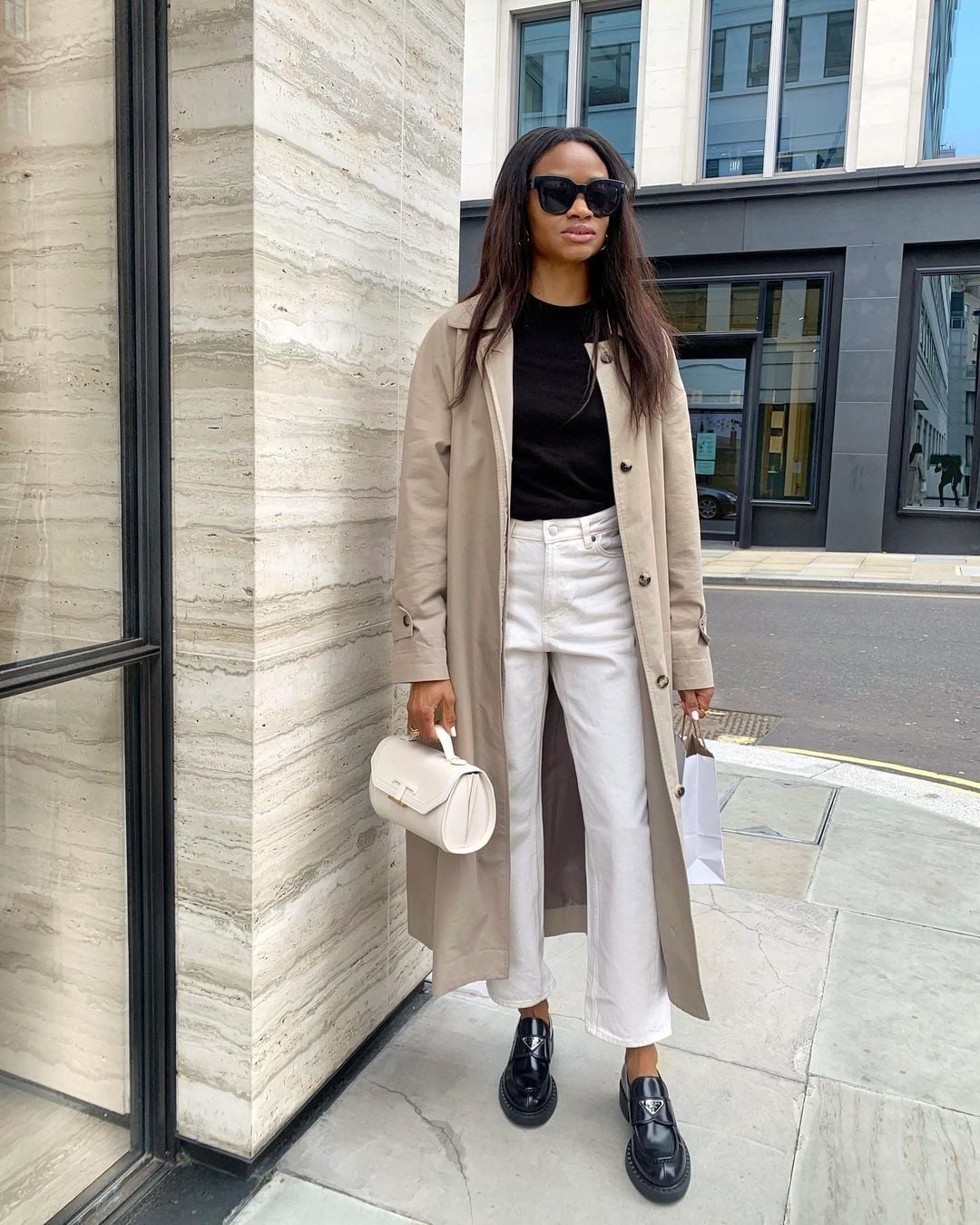 Chunky Loafers With Wide-Leg Trousers and Trench Coat, Cotton — Loafer Outfits