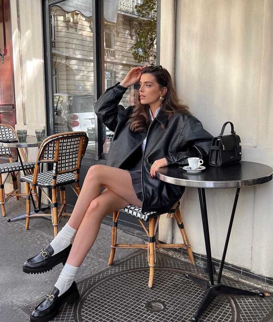 Mini Skirt and Leather Jacket With Chunky Loafers — Loafer Outfits