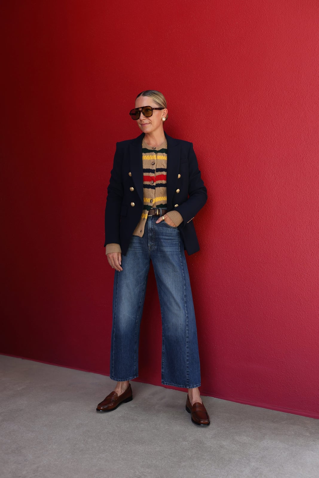 Double-Breasted Blazer With Wide-Leg Jeans and Loafers — Loafer Outfits