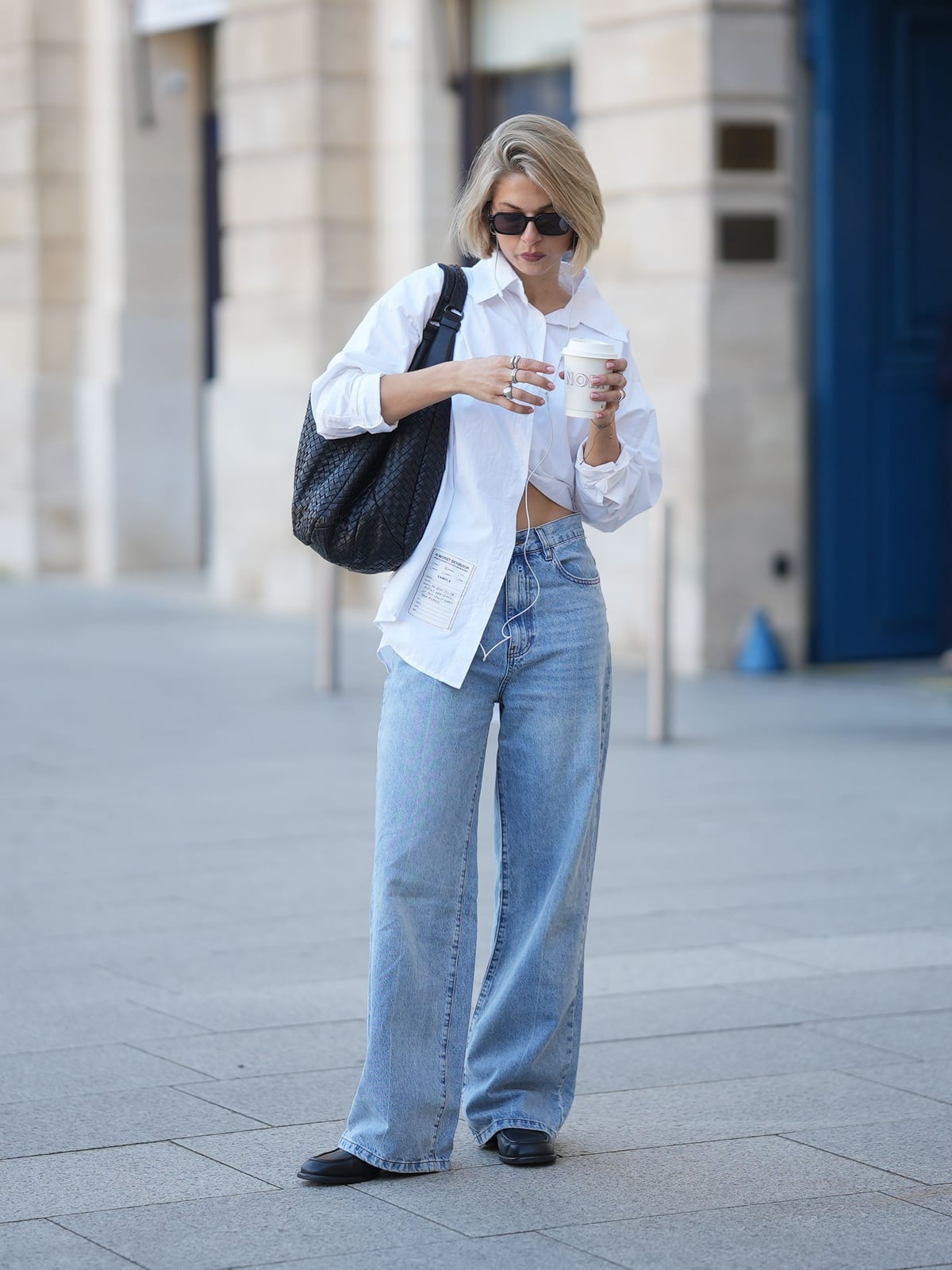 Oversized Shirt With Wide-Leg Jeans and Black Loafers, Close-Up Take — Loafer Outfits