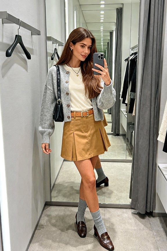 Pleated Suede Skirt With Brown Loafers — Loafer Outfits