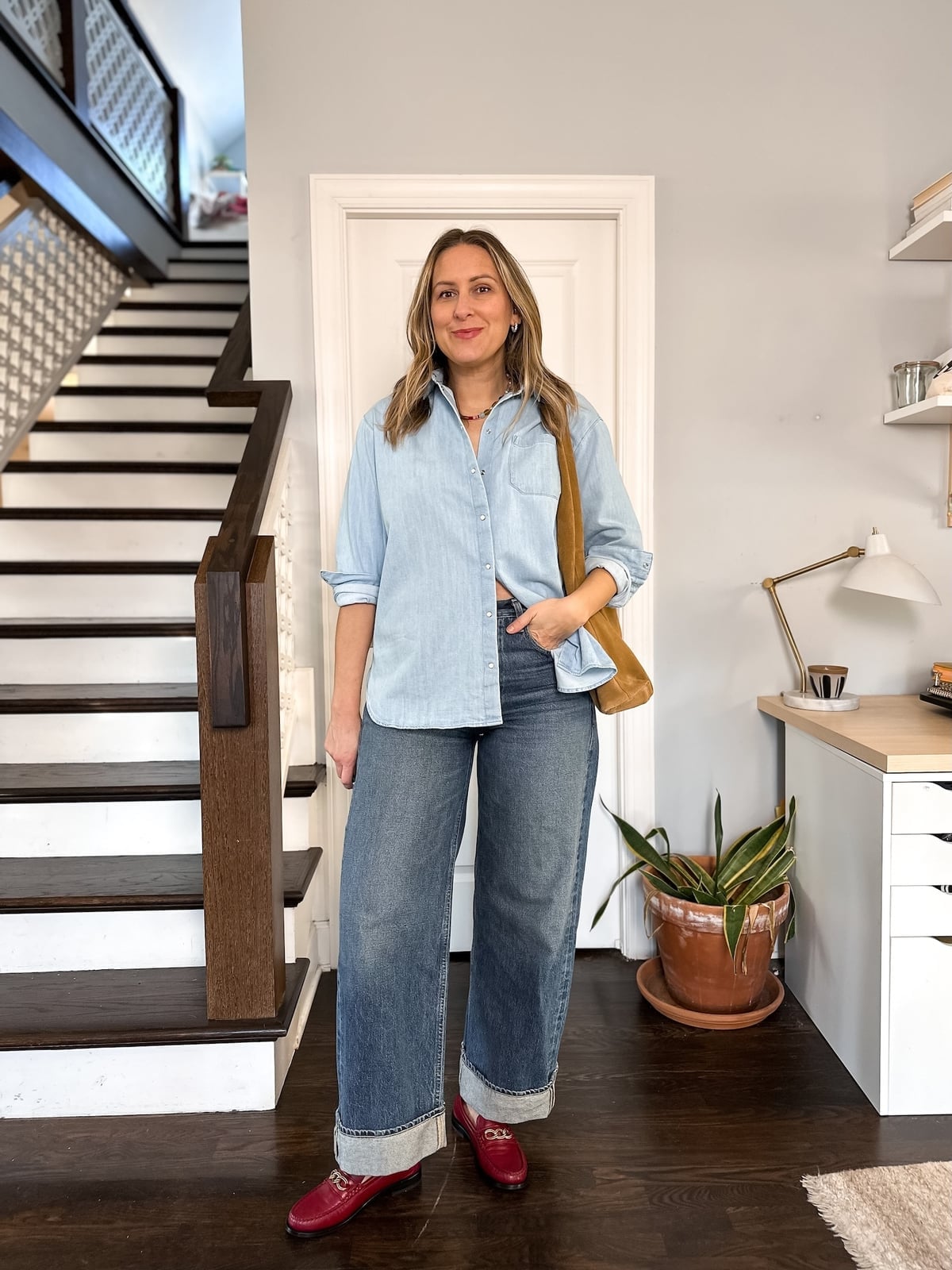 Red Loafers With Wide-Leg Jeans and Denim Shirt — Loafer Outfits