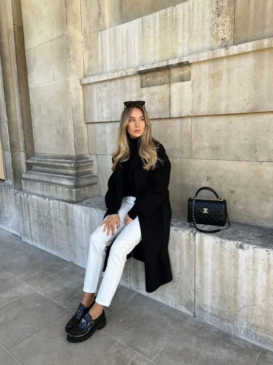 Wide-Leg Jeans and Turtleneck With Chunky Loafers — Loafer Outfits