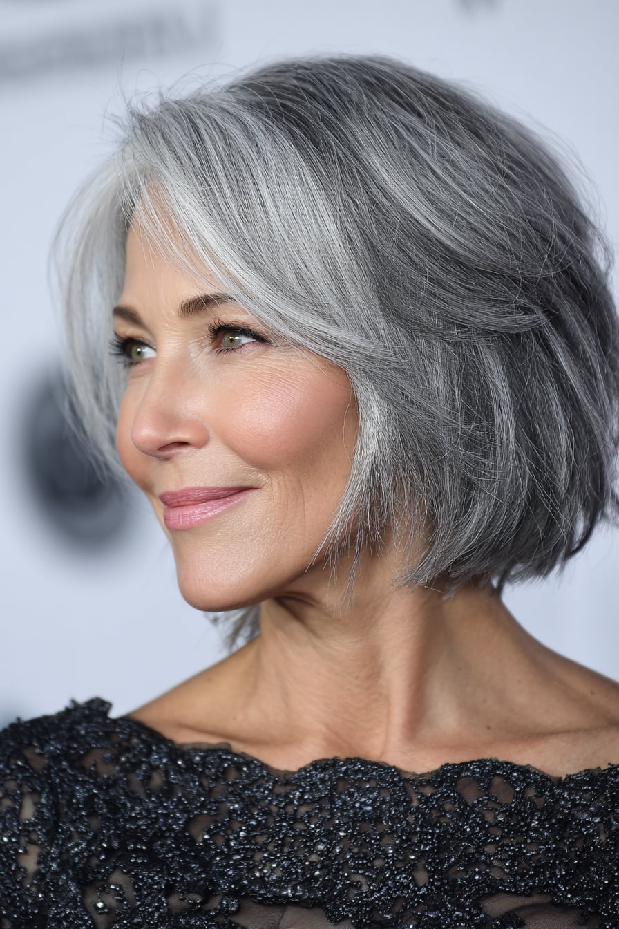 Chin Length Layered Lob Solid Gray — Lob Hair
