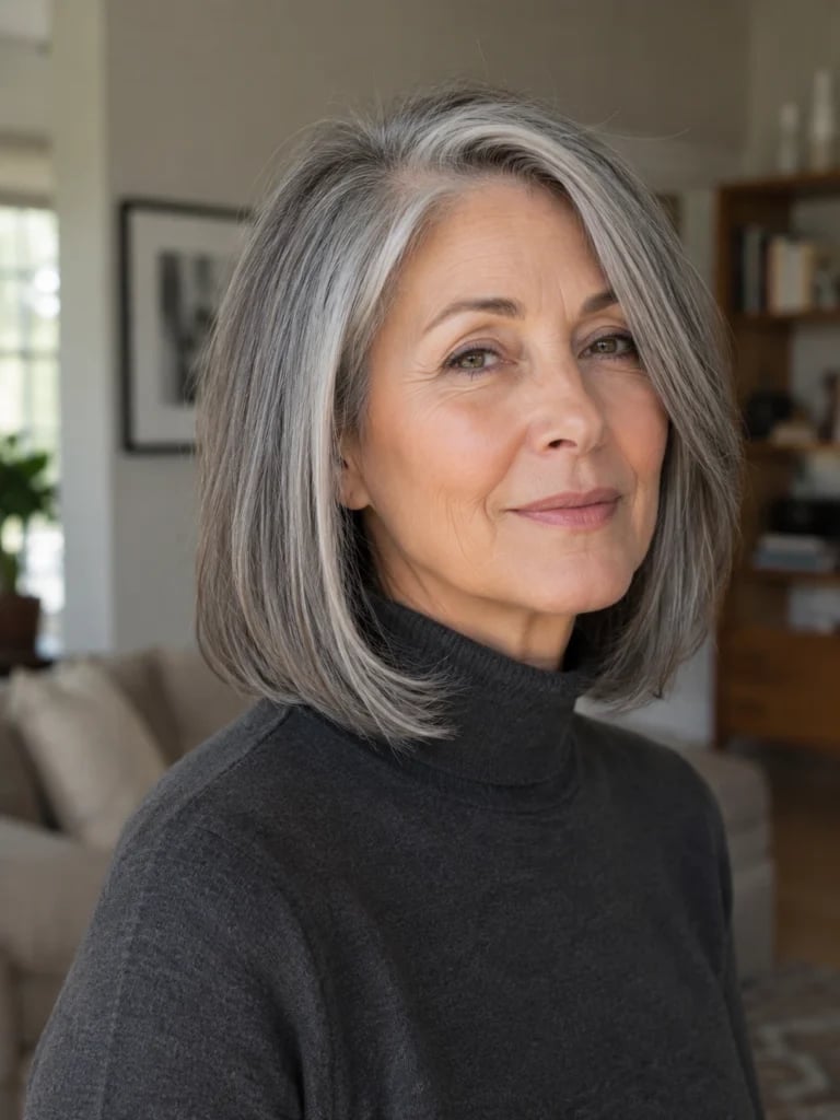 Collarbone Lob With Side-Swept Fringe Gray Highlights — Lob Hair