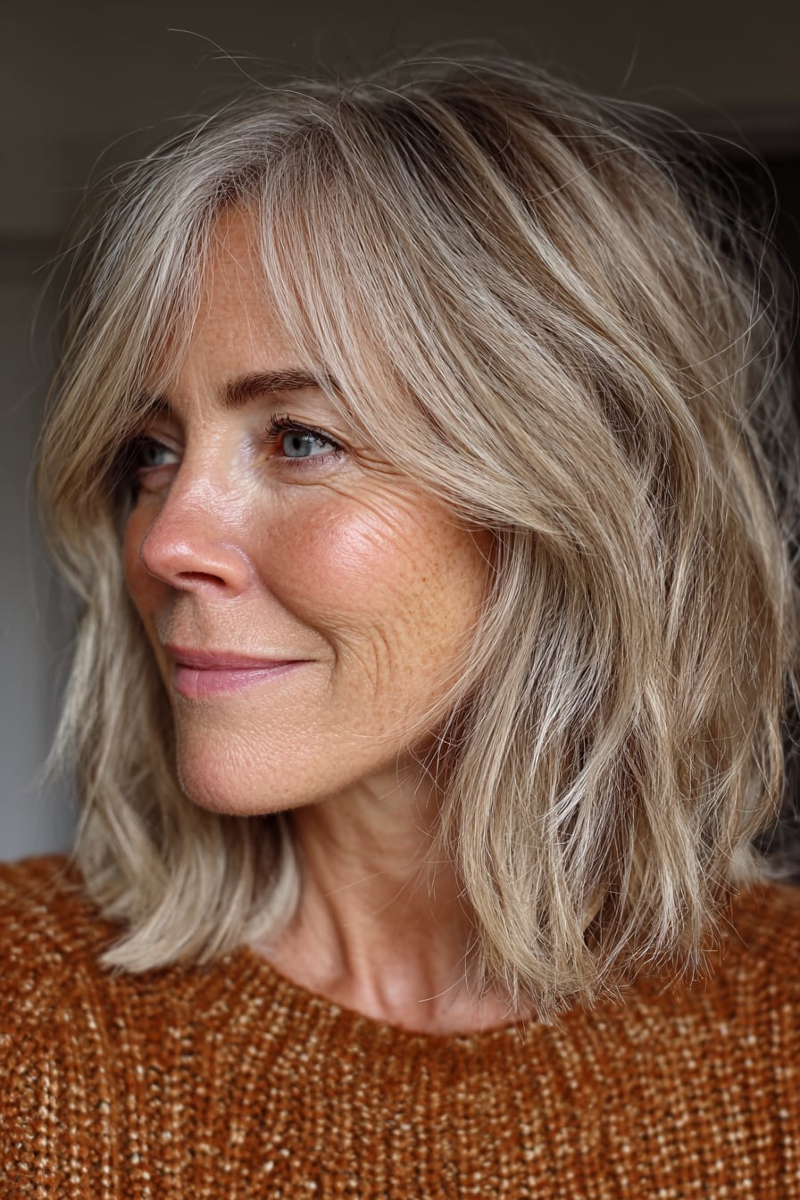 Collarbone Lob Side-Swept Bangs Ash Blonde With Air Dried — Lob Hair