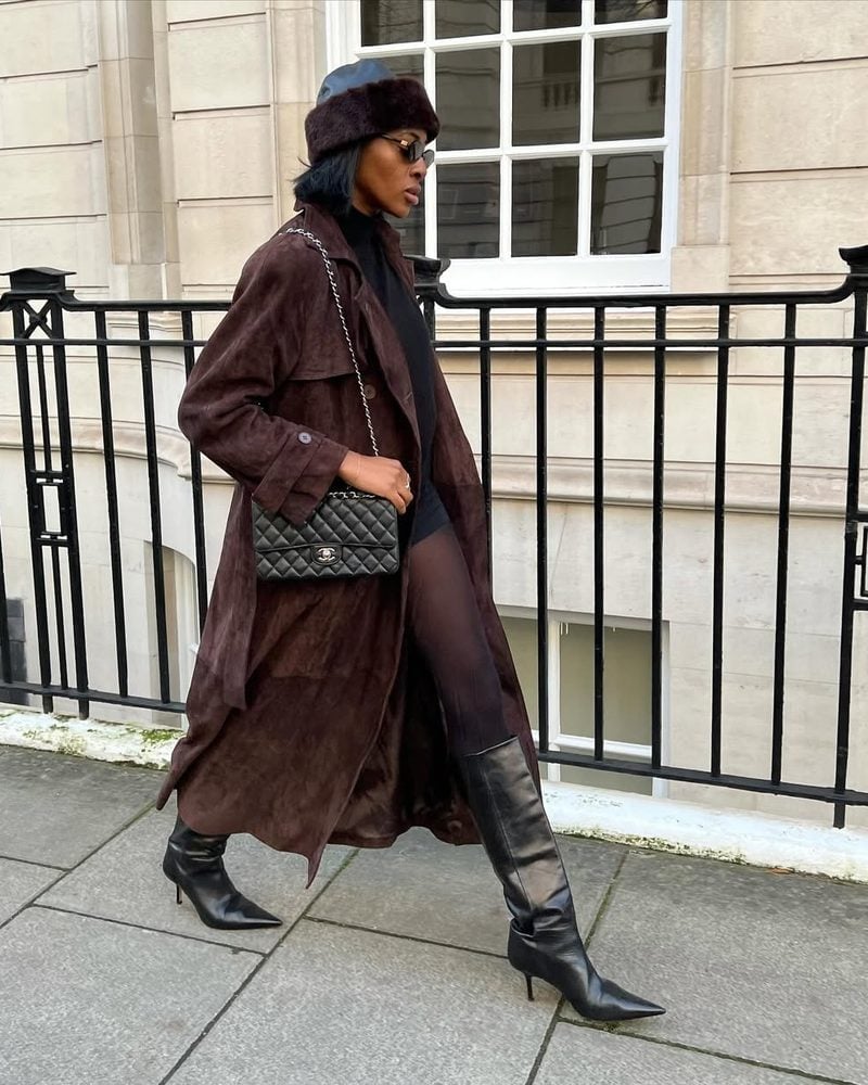 A Suede Trench Coat Elevates a Black Ensemble A Suede Trench Coat Elevates a Black Ensemble — London Outfits