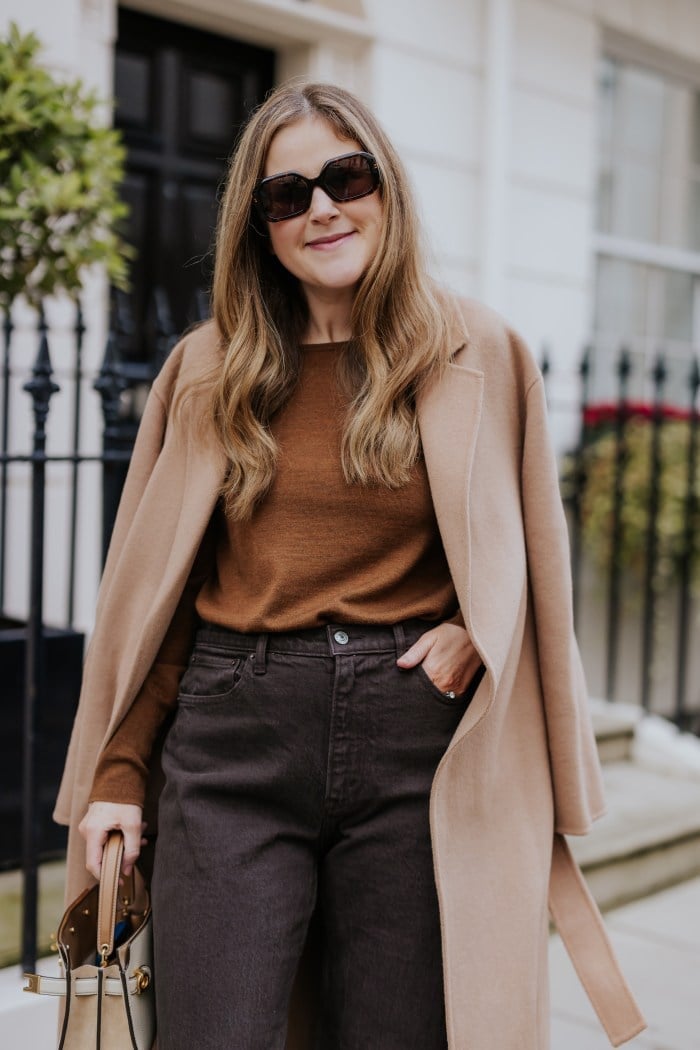 Camel Coat Draped Over Knit and Trousers Camel Coat Draped Over Knit and Trousers — London Outfits