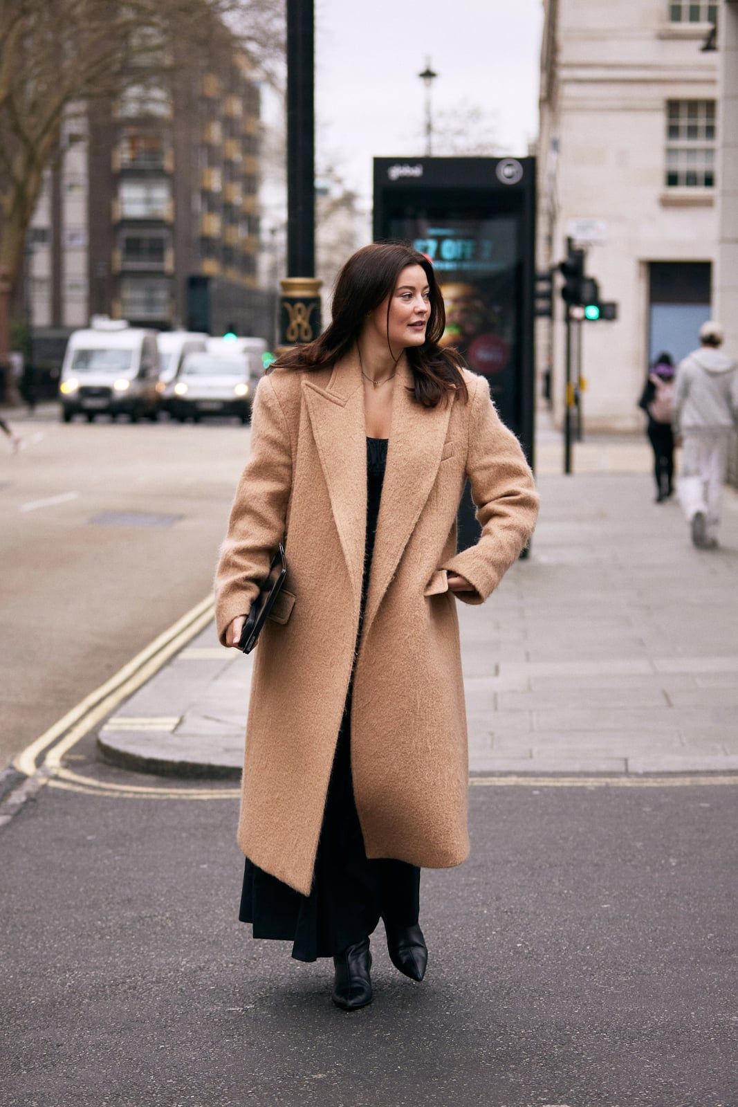 Beige Longline Coat and Black Dress for Sophistication Beige Longline Coat and Black Dress for Sophistication — London Outfits