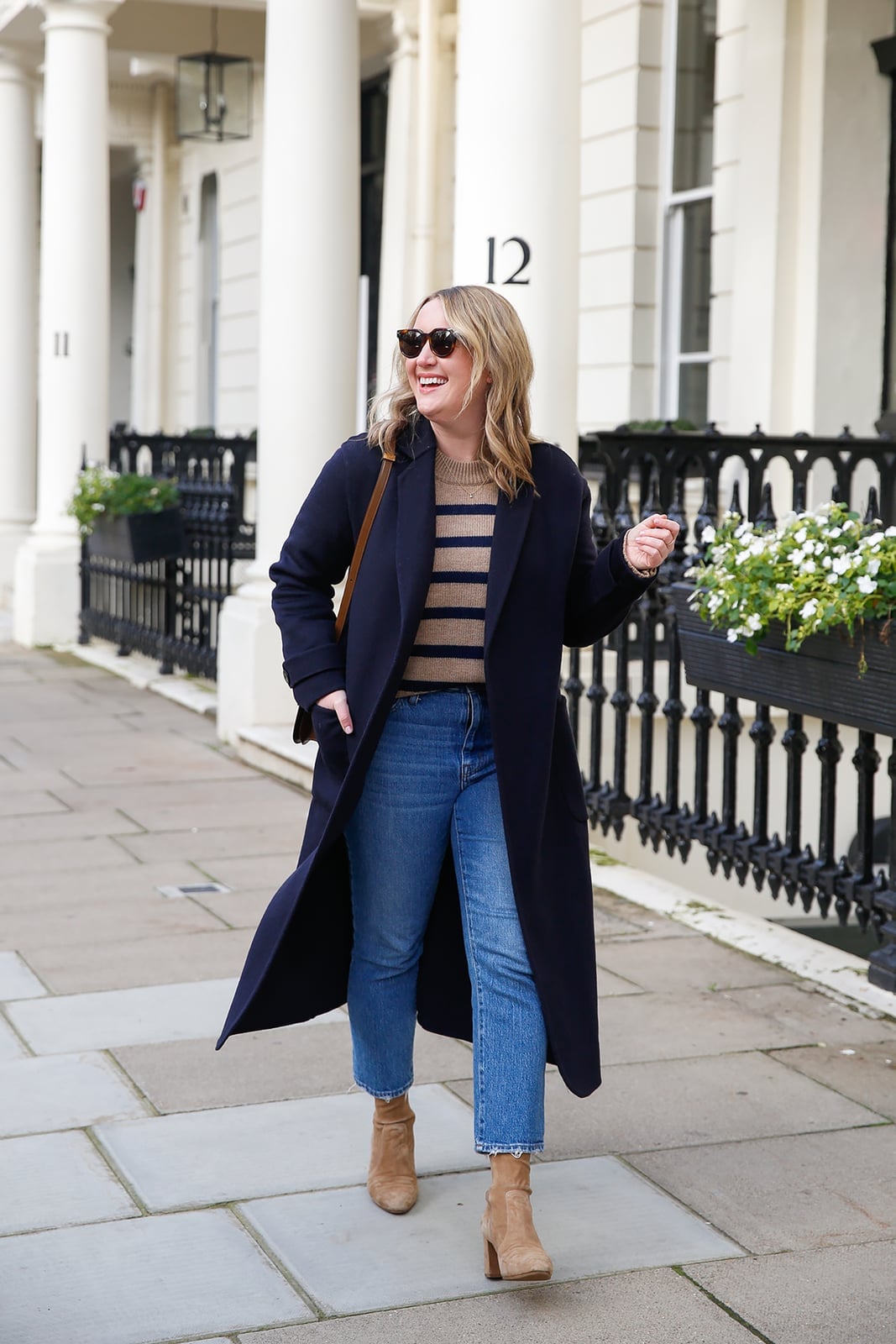 Navy Longline Coat with Striped Sweater and Jeans Navy Longline Coat with Striped Sweater and Jeans — London Outfits