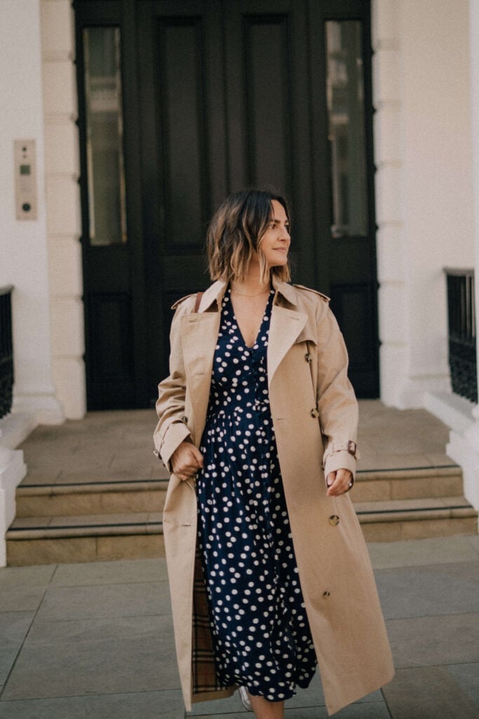 Beige Trench Coat with Polka Dot Dress and Sneakers Beige Trench Coat with Polka Dot Dress and Sneakers — London Outfits