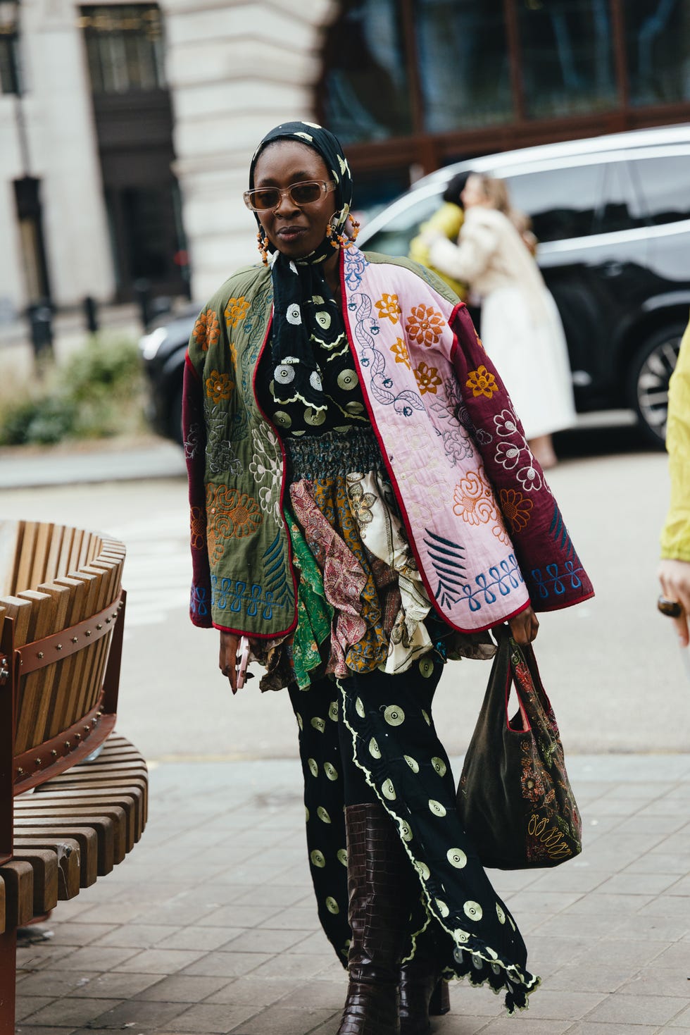 Patchwork Jacket with Printed Layers and Boots Patchwork Jacket with Printed Layers and Boots — London Outfits