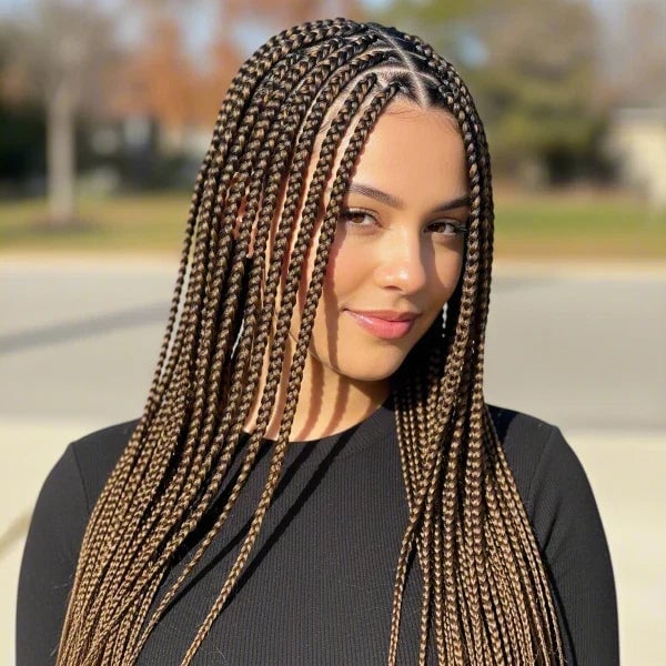 Dark Brown Box Braids With Subtle Highlights Dark Brown Box Braids With Subtle Highlights — Long Braids