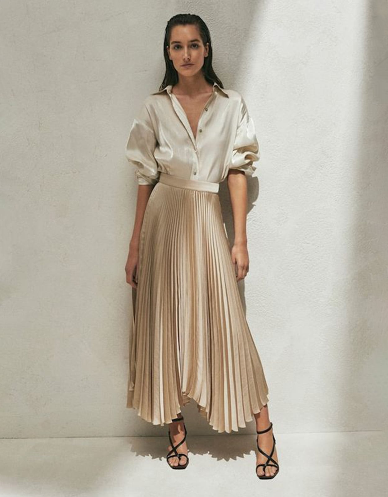 Champagne Satin Skirt with a Tucked-In Collared Shirt Champagne Satin Skirt with a Tucked-In Collared Shirt — Long Skirt Outfits