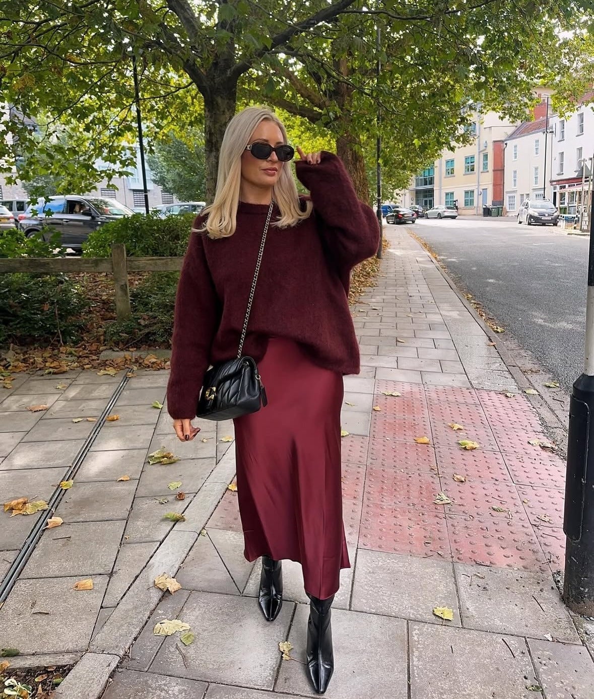 Maroon Satin Slip Skirt with a Fuzzy Sweater Maroon Satin Slip Skirt with a Fuzzy Sweater — Long Skirt Outfits