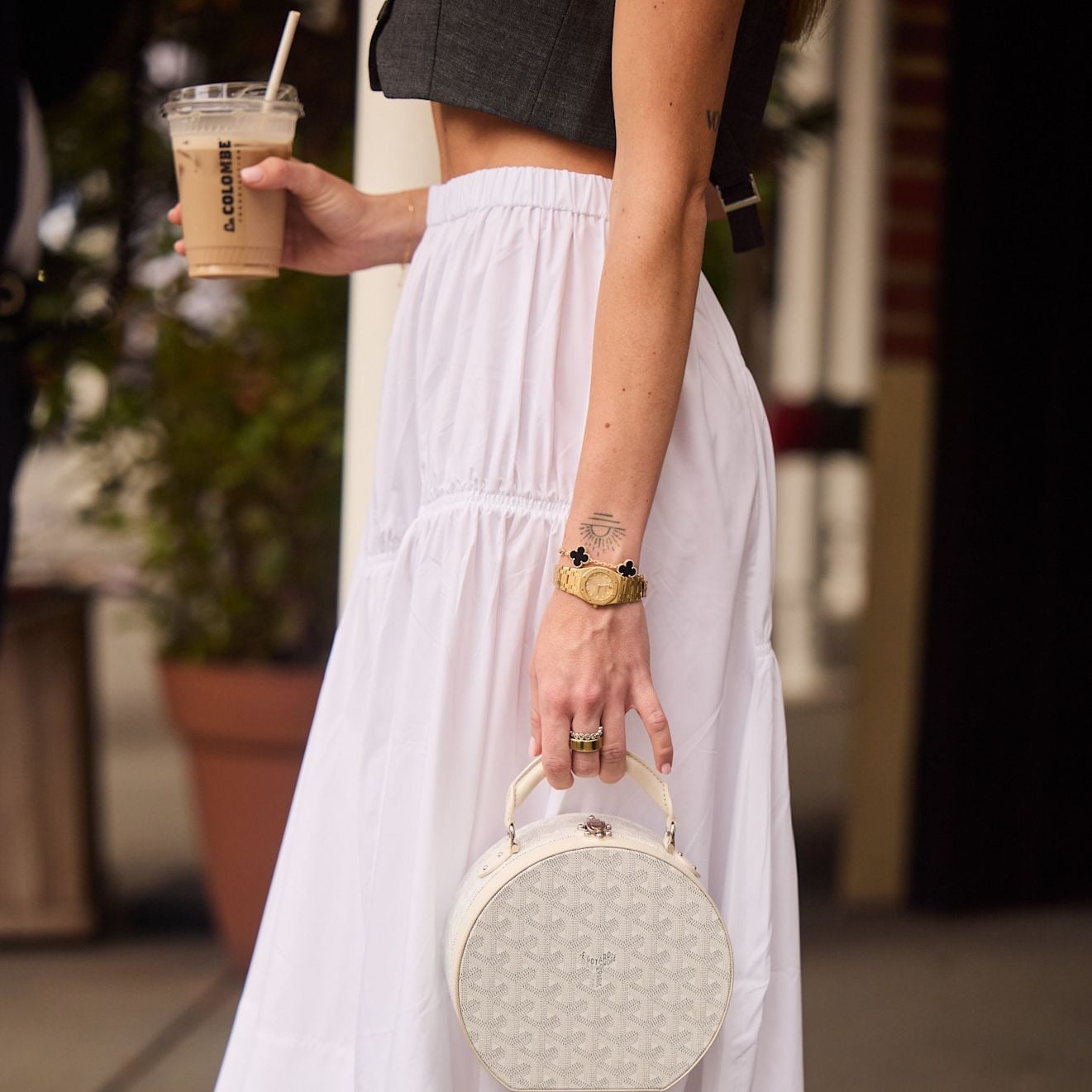 White Tiered Maxi Skirt with a Gray Cropped Vest White Tiered Maxi Skirt with a Gray Cropped Vest — Long Skirt Outfits