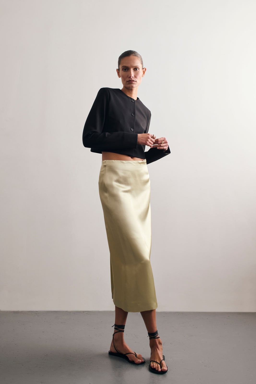 Champagne Satin Midi Skirt with a Cropped Jacket Champagne Satin Midi Skirt with a Cropped Jacket — Long Skirt Outfits