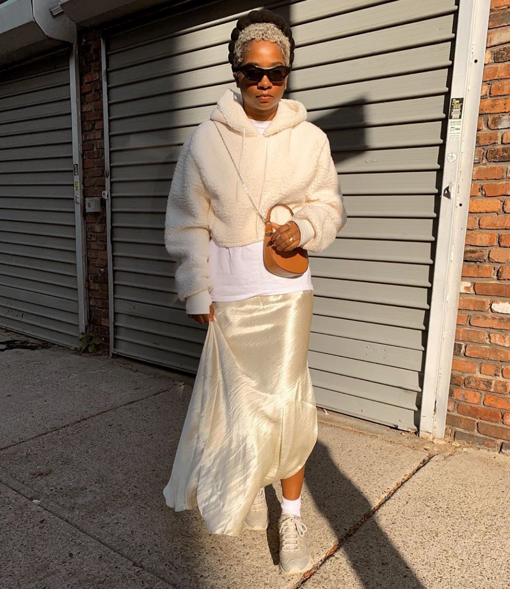 Cream Satin Maxi Skirt with a Teddy Fleece Hoodie Cream Satin Maxi Skirt with a Teddy Fleece Hoodie — Long Skirt Outfits