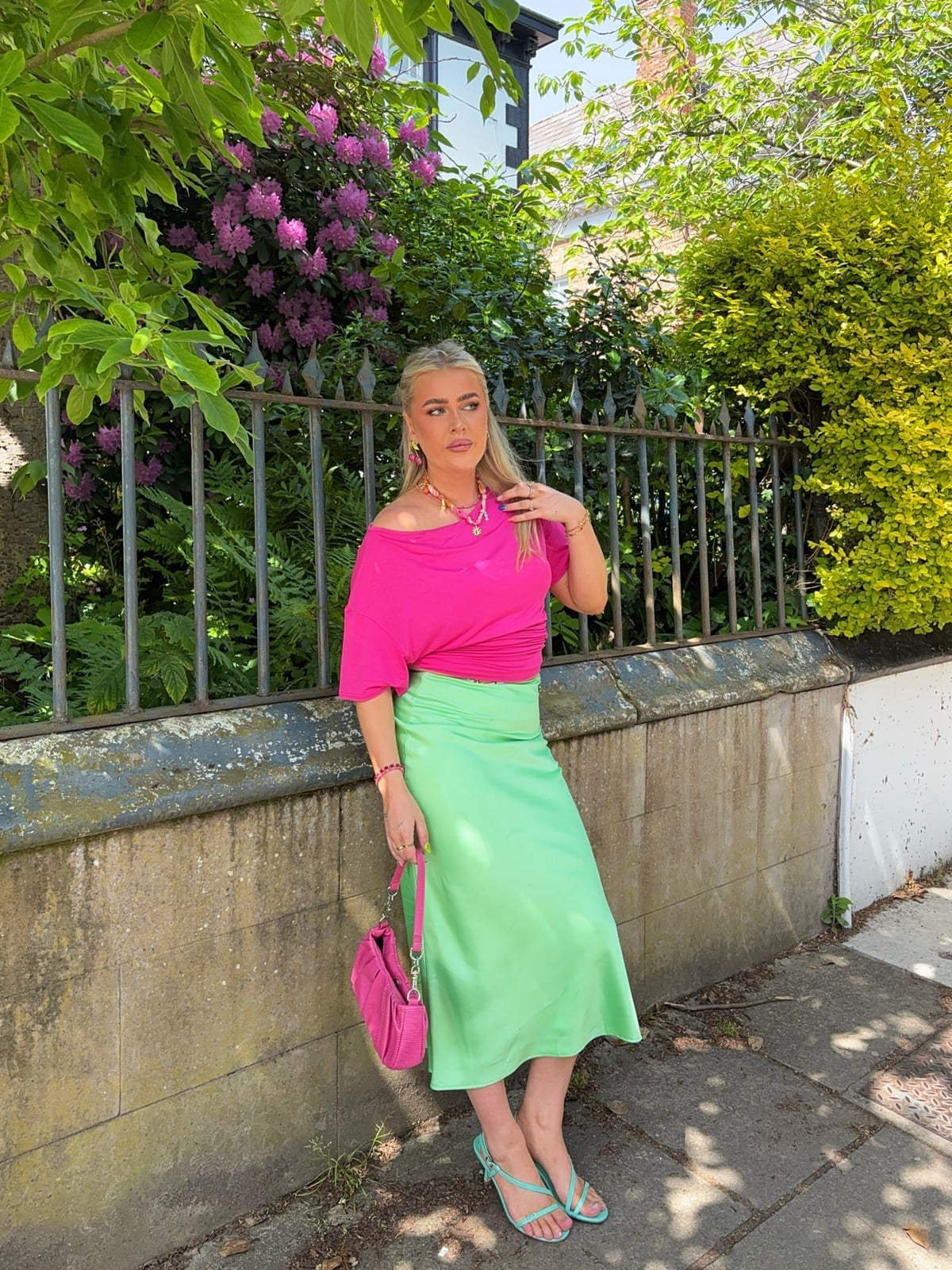 Lime Green Satin Skirt with an Off-The-Shoulder Top Lime Green Satin Skirt with an Off-The-Shoulder Top — Long Skirt Outfits