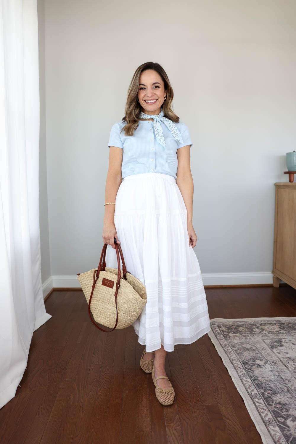 White Tiered Maxi Skirt with a Striped Button-Down White Tiered Maxi Skirt with a Striped Button-Down — Long Skirt Outfits