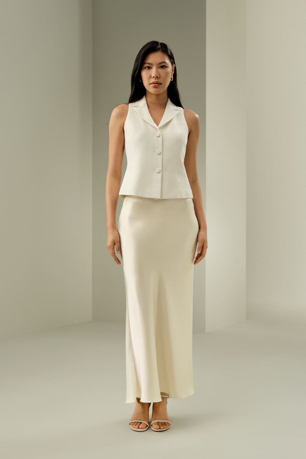 Cream Silk Maxi Skirt with a Matching Vest Cream Silk Maxi Skirt with a Matching Vest — Long Skirt Outfits