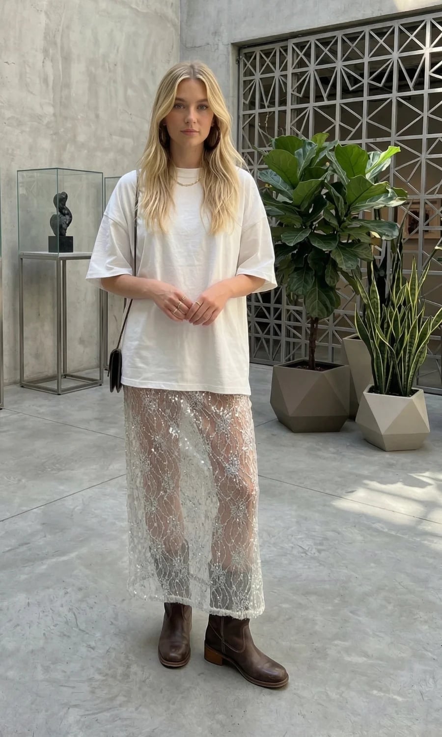 Silver Sequined Mesh Skirt with an Oversized T-Shirt Silver Sequined Mesh Skirt with an Oversized T-Shirt — Long Skirt Outfits