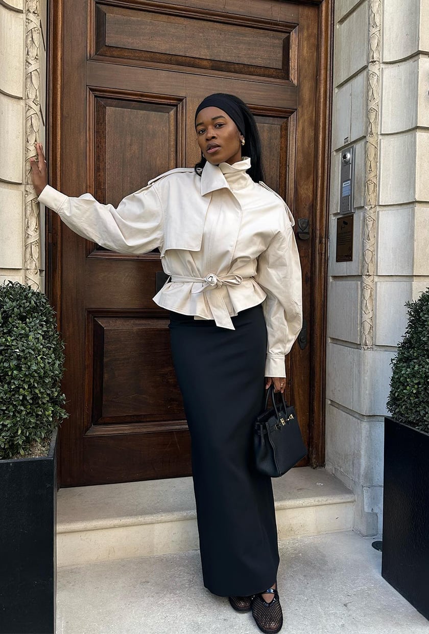 Black Column Maxi Skirt with a Belted Jacket Black Column Maxi Skirt with a Belted Jacket — Long Skirt Outfits