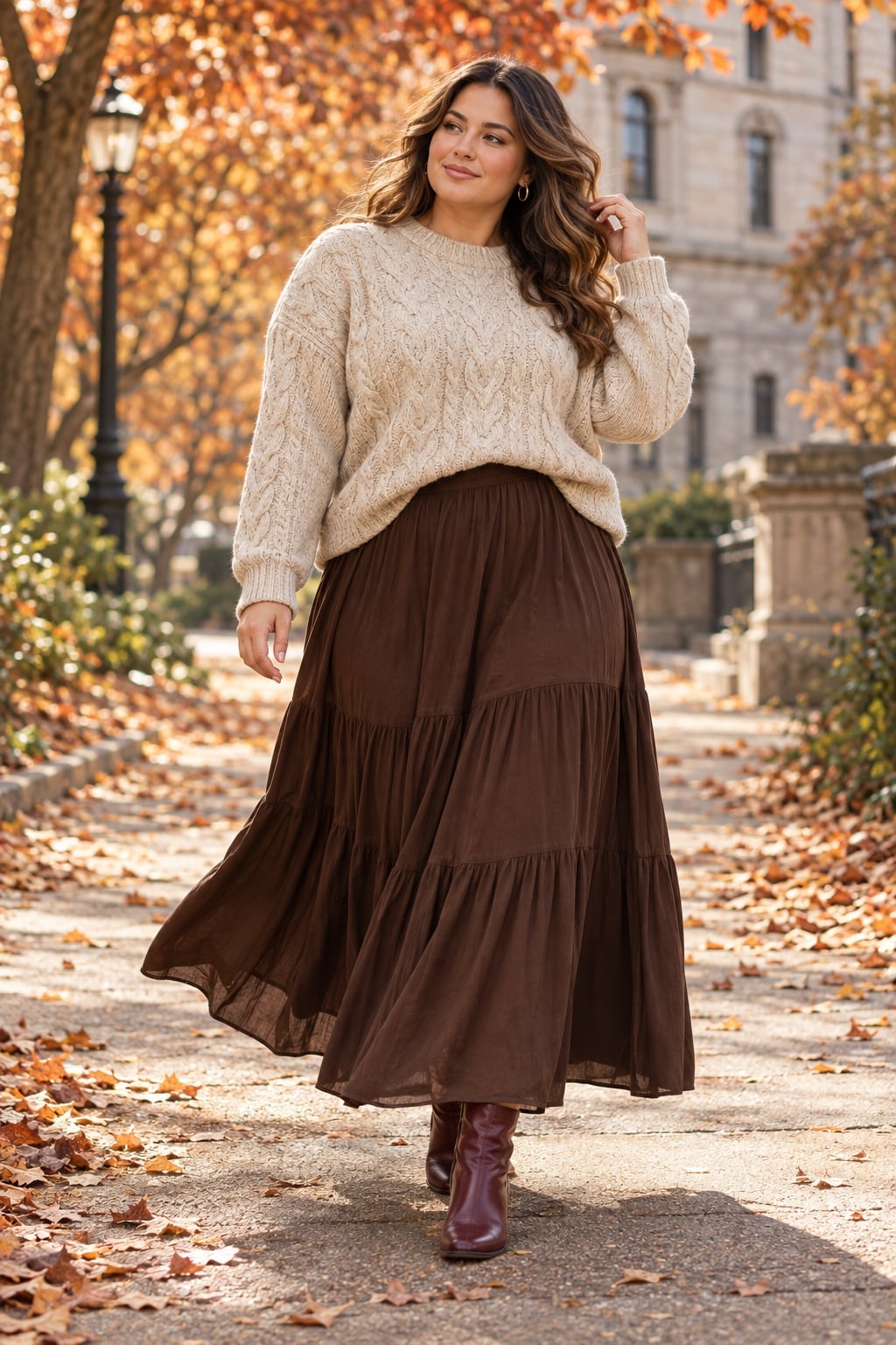 Brown Tiered Maxi Skirt with a Cable-Knit Sweater Brown Tiered Maxi Skirt with a Cable-Knit Sweater — Long Skirt Outfits
