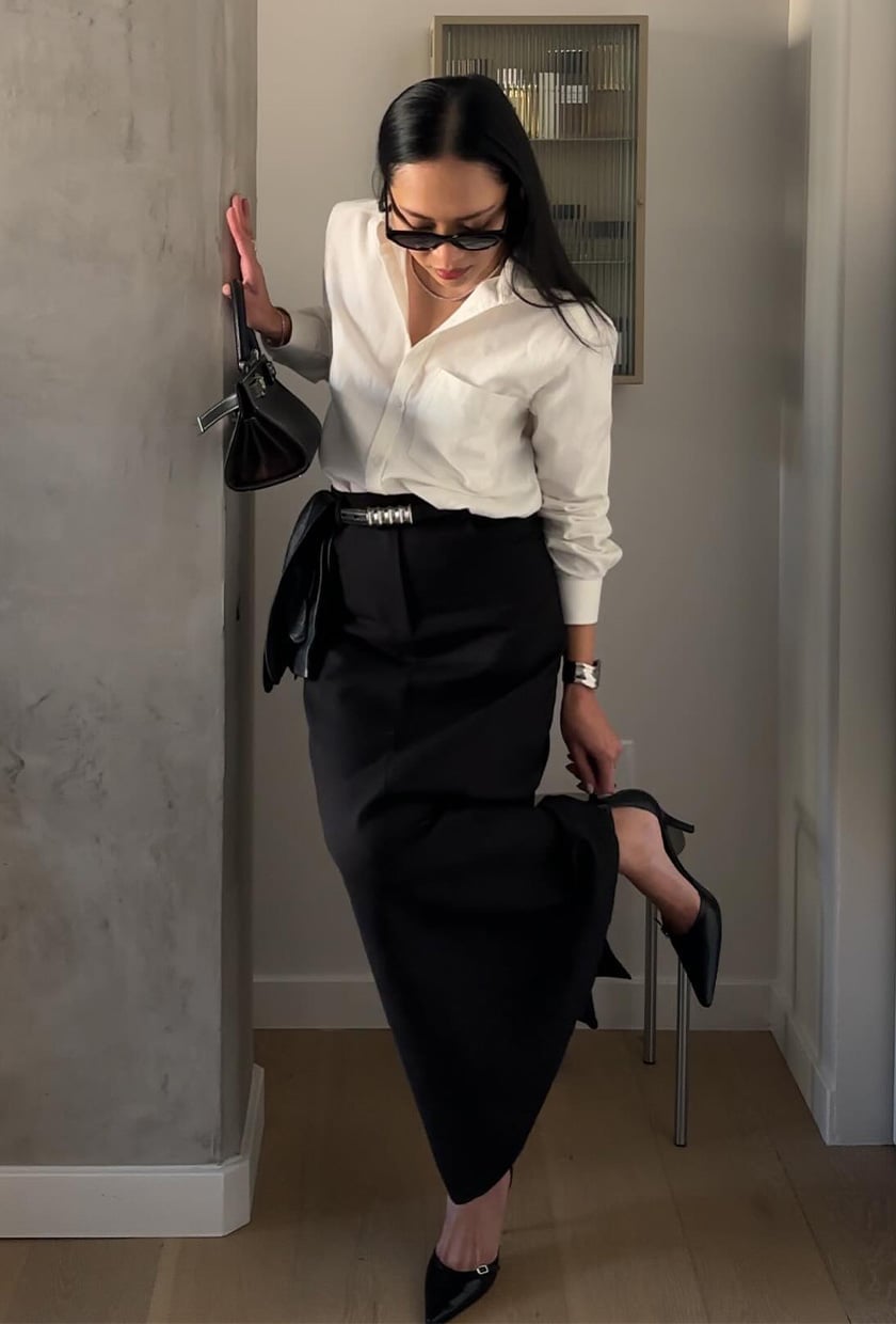 Black Maxi Skirt with a White Button-Down and Belt Black Maxi Skirt with a White Button-Down and Belt — Long Skirt Outfits