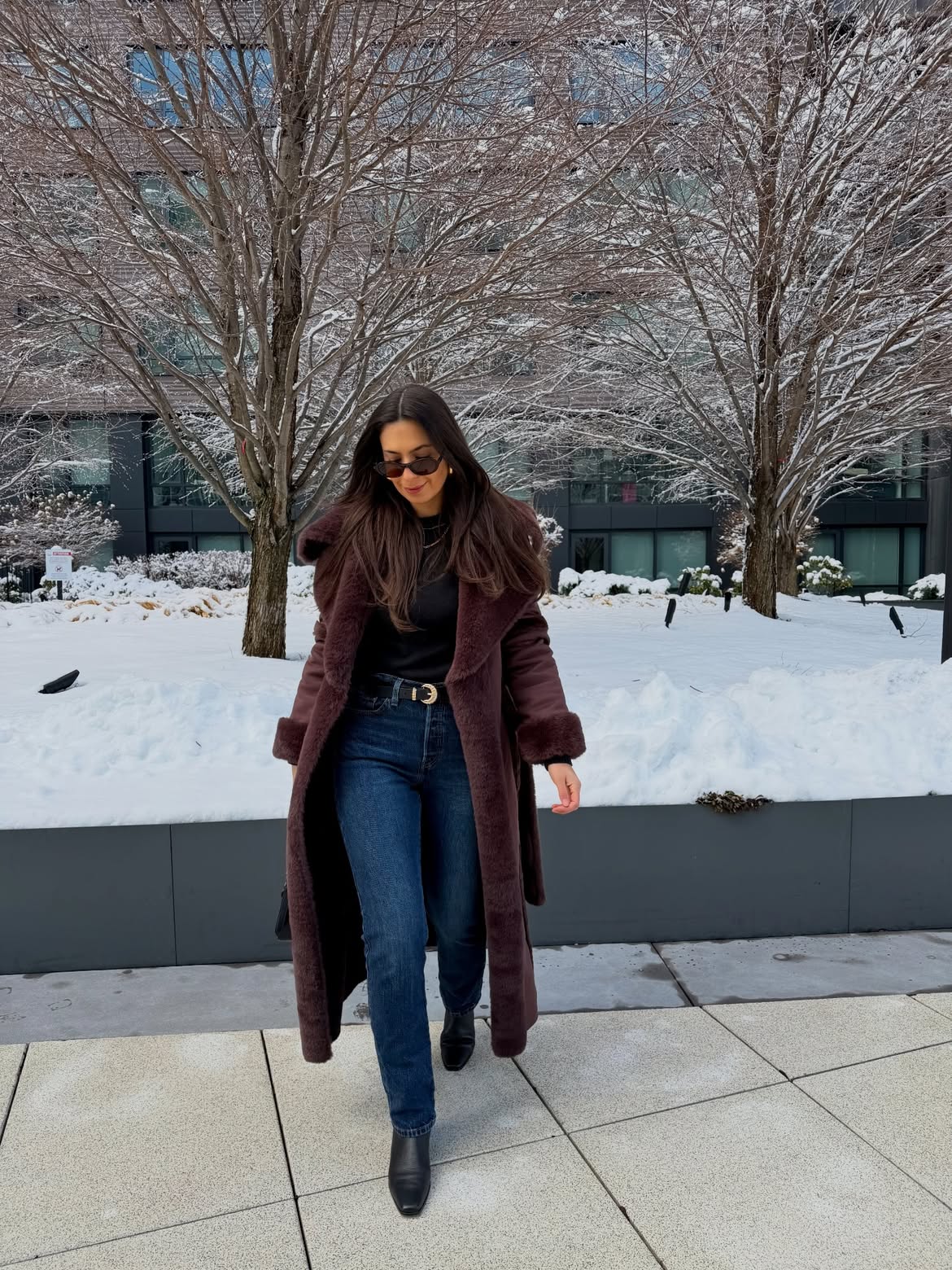 Longline Shearling Coat With Denim For Winter