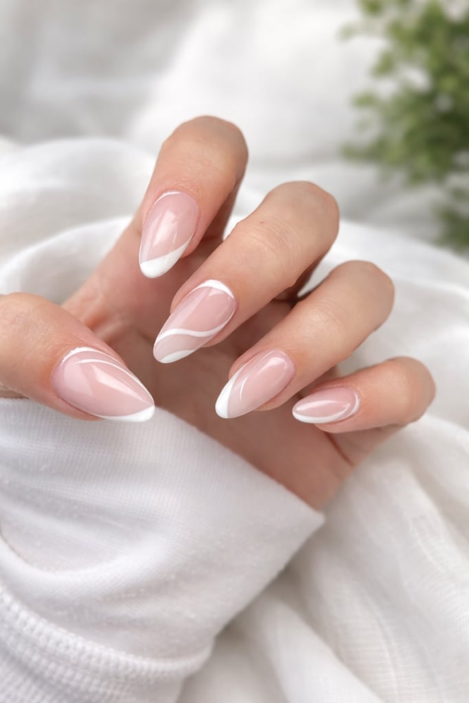 Medium Almond Clear Abstract White French Tips Nails — Looks Nail