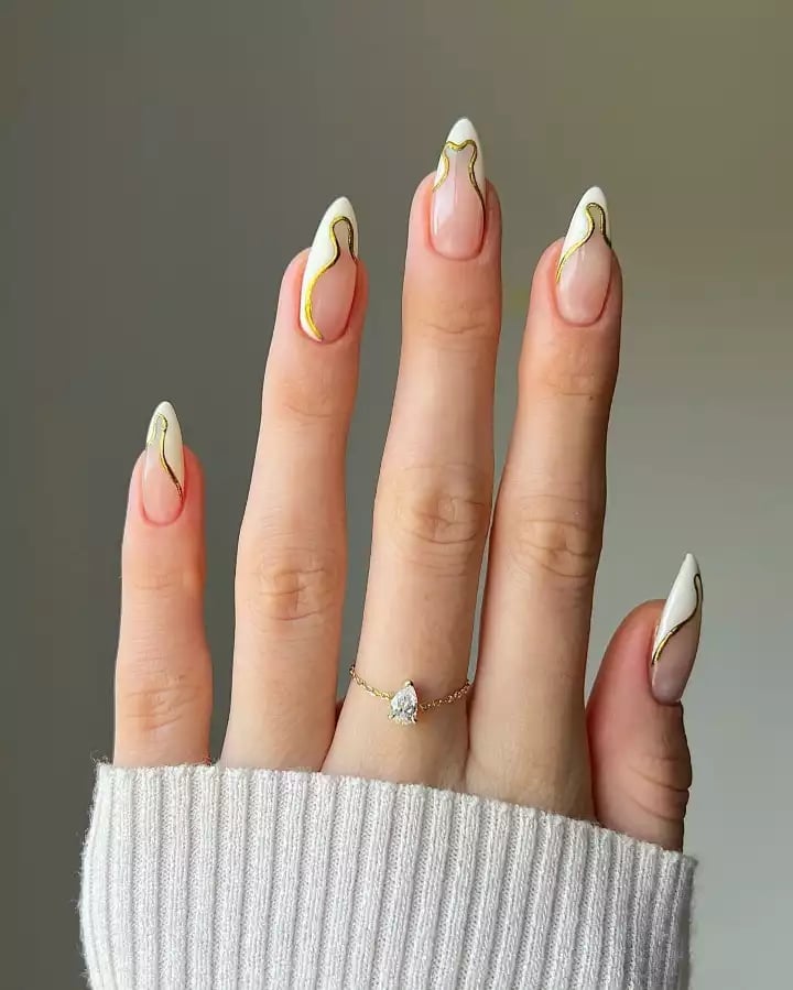 Long Almond Sheer Pink Gold Abstract Lines Nails — Looks Nail