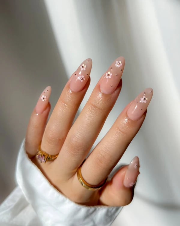 Long Stiletto Sheer Nude Floral Pearl Nails — Looks Nail