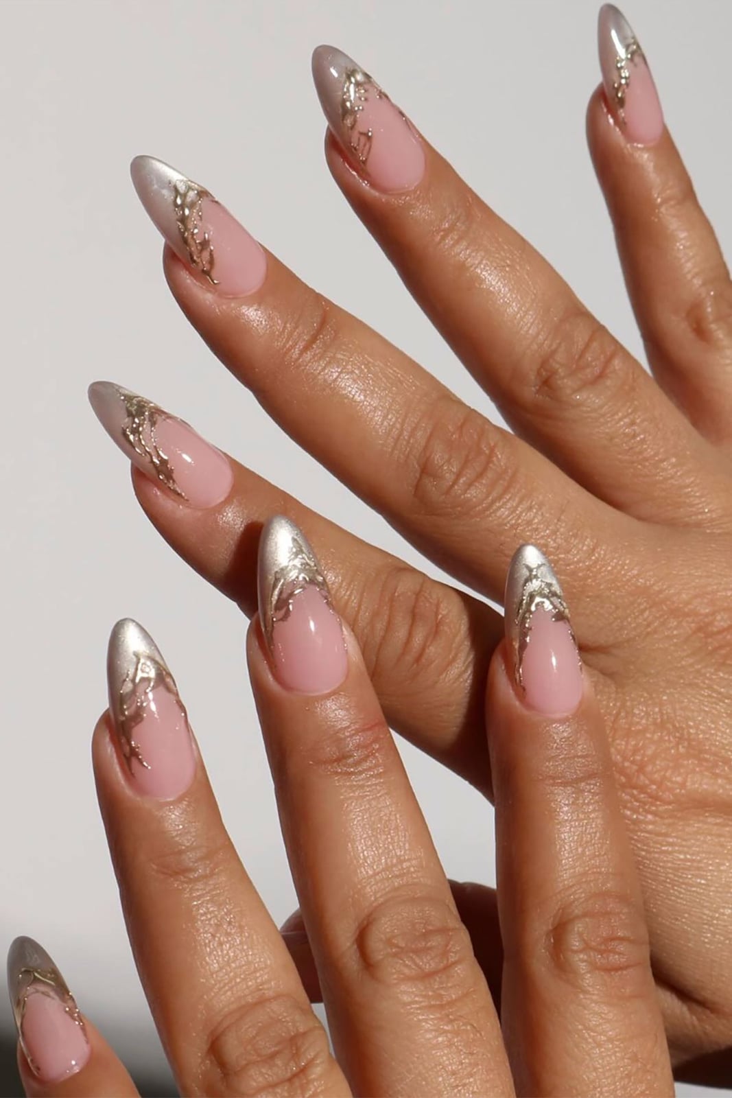 Medium Almond Nude Silver Foil Accents Nails — Looks Nail