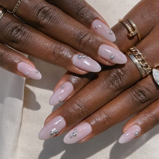 Medium Almond Sheer Pale Pink Silver Stud Nails, Glossy — Looks Nail