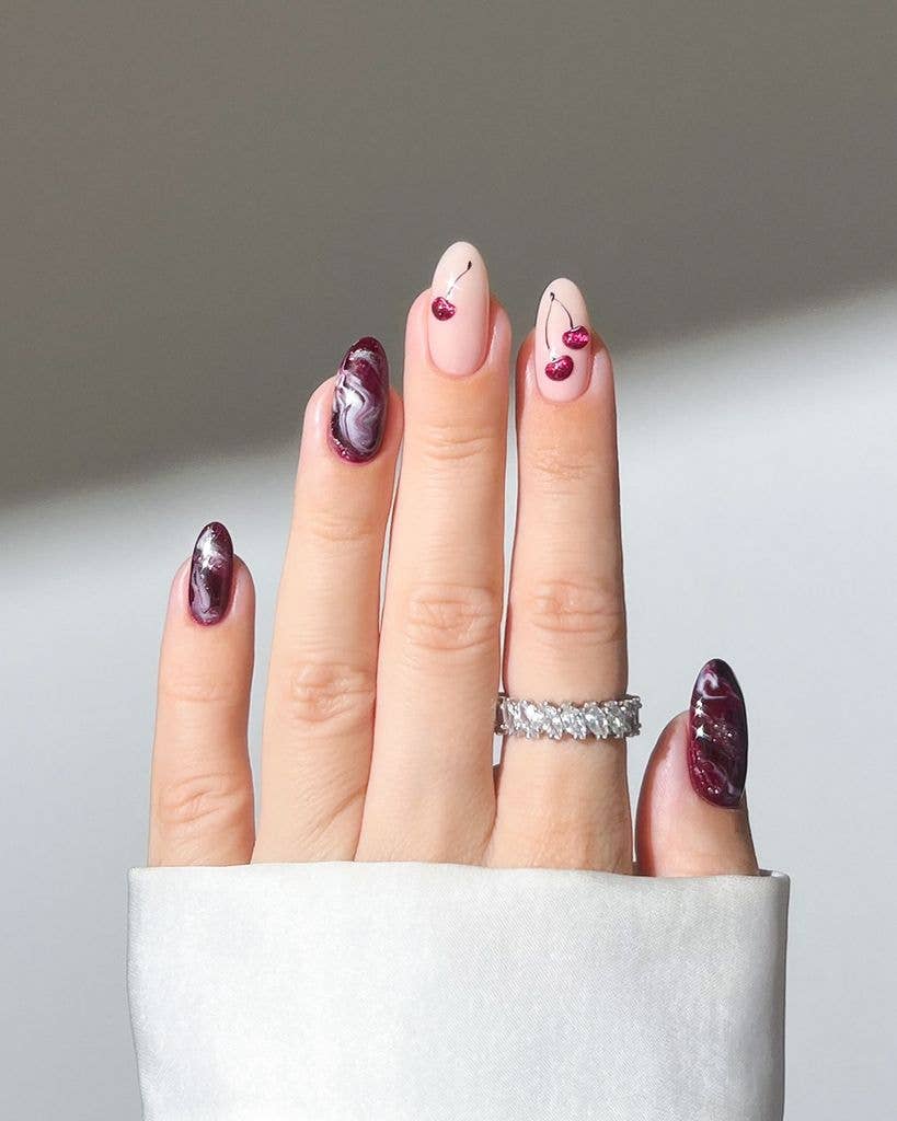 Medium Oval Nude Abstract Red Cherry Art Nails — Looks Nail