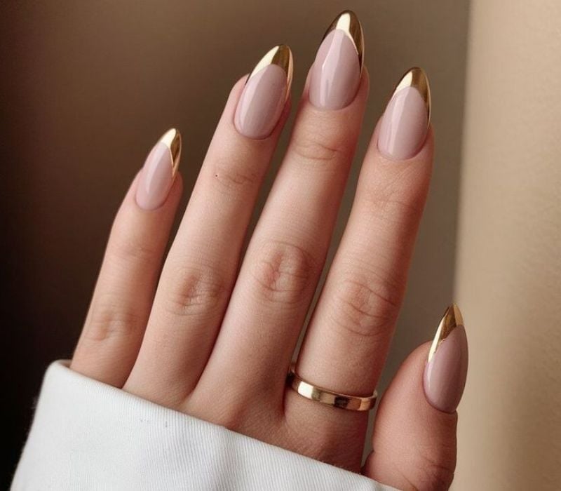 Medium Almond Nude Metallic Gold French Nails — Looks Nail