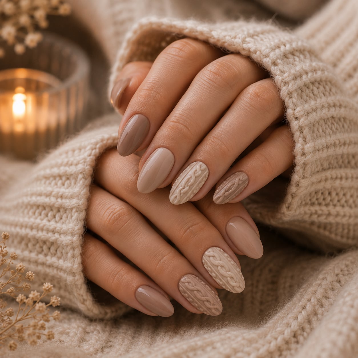 Medium Oval Beige Brown Cable Knit Matte Nails — Looks Nail