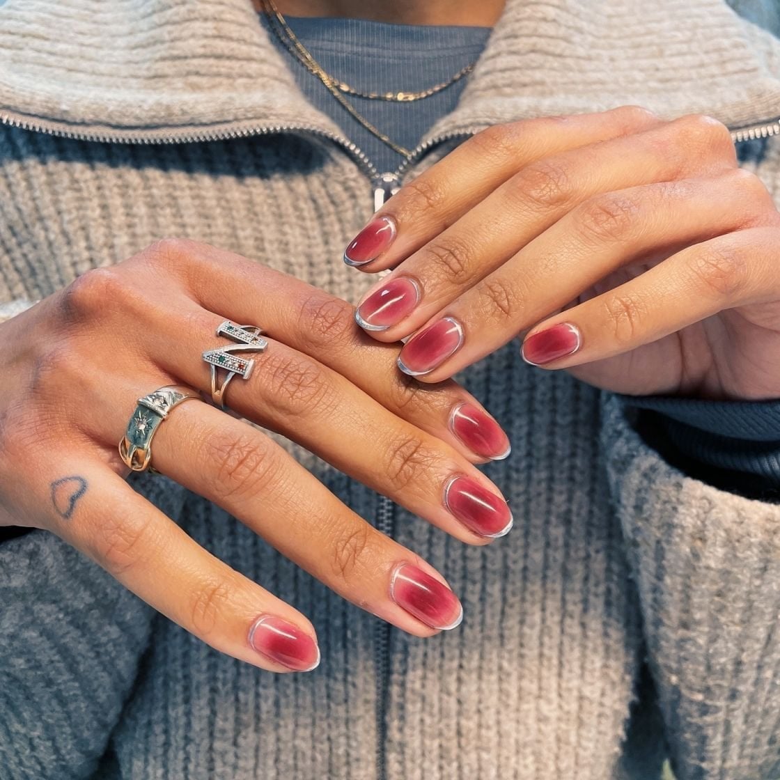 Short Almond Red Pink Gradient Silver Cuticle Nails — Looks Nail