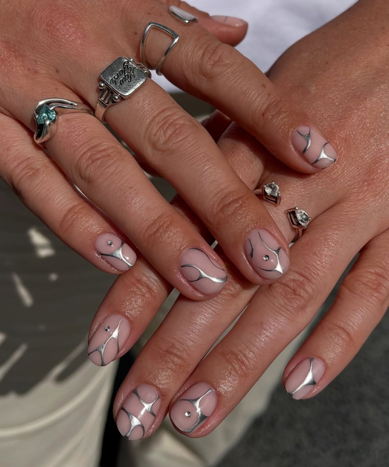 Short Square Nude Silver Line Dot Nails — Looks Nail