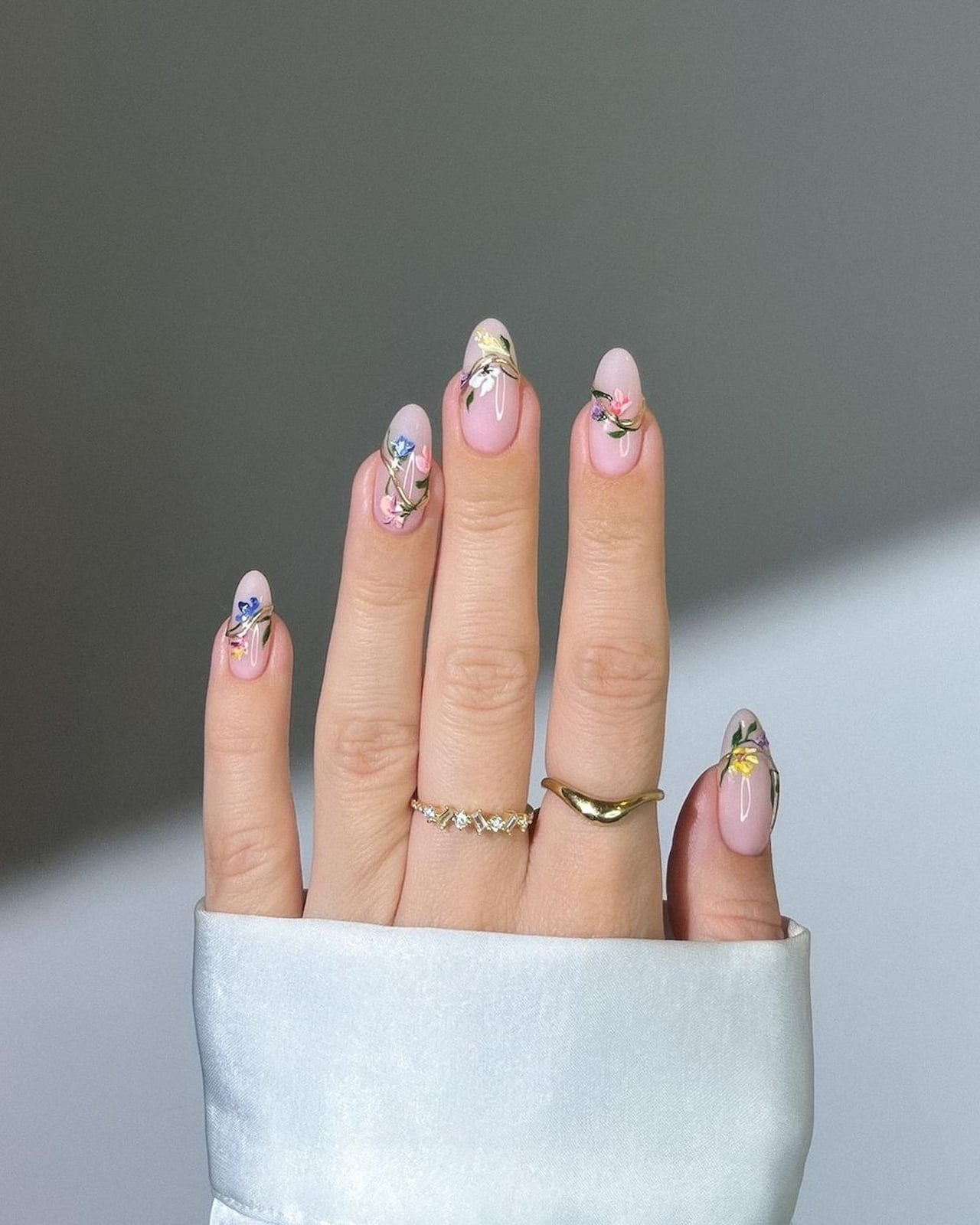 Medium Almond Sheer Pink Floral Gold Foil Nails — Looks Nail