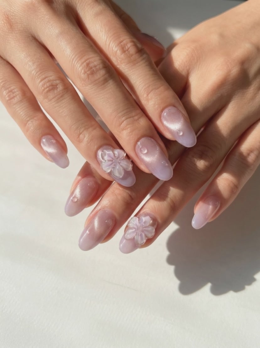 Medium Oval Lilac Cat-Eye 3D Flower Nails — Looks Nail