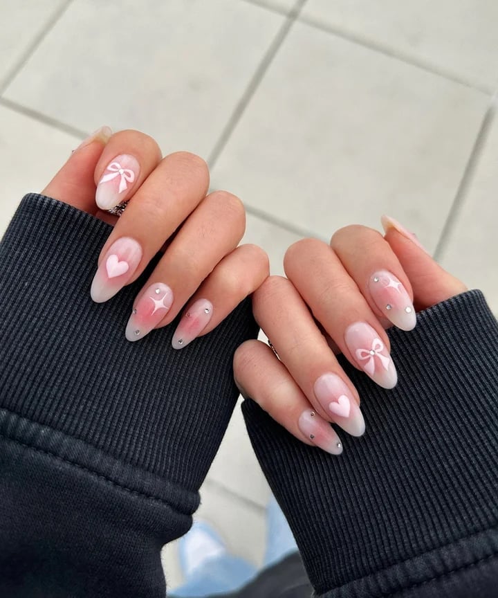 Medium Almond Sheer Pink 3D Bow Heart Nails — Looks Nail