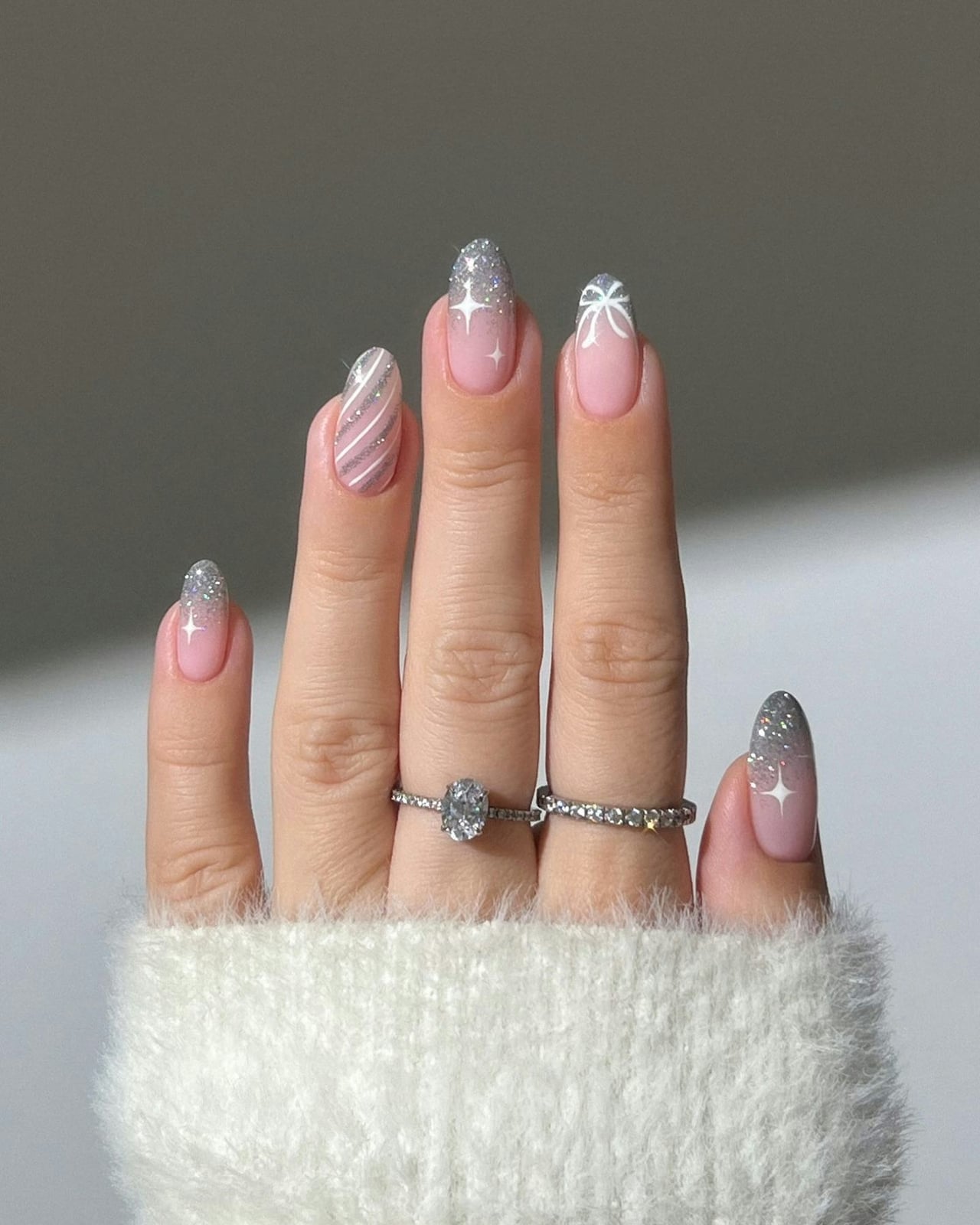 Medium Almond Sheer Pink Silver Glitter Ombre Nails — Looks Nail