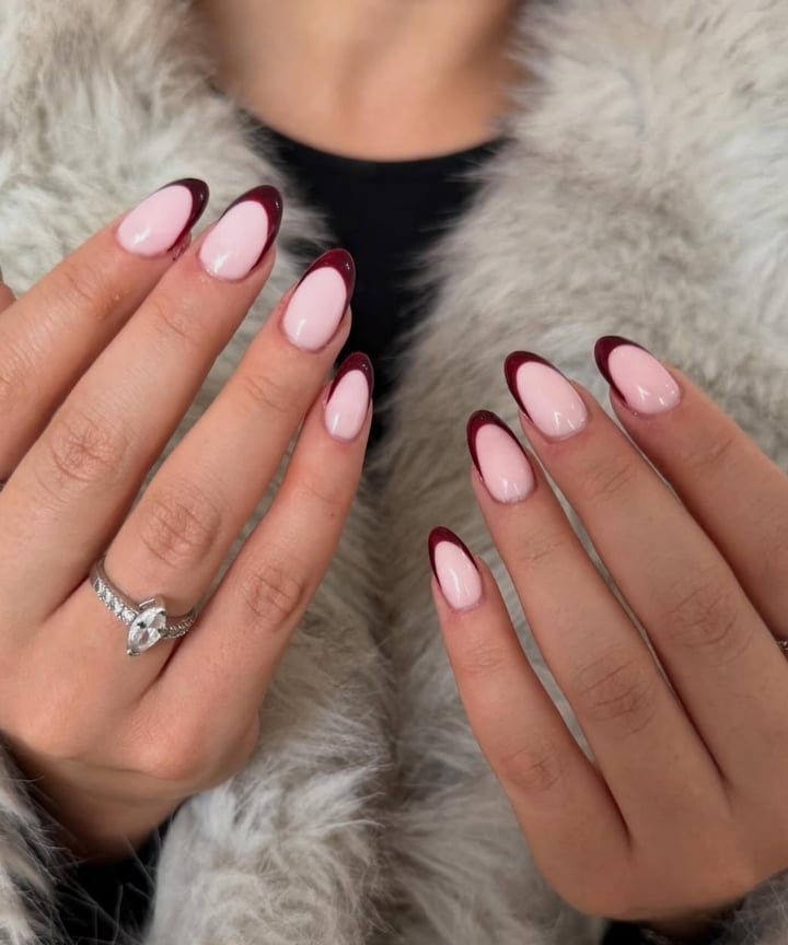 Medium Almond Pale Pink Burgundy French Tips Nails — Looks Nail