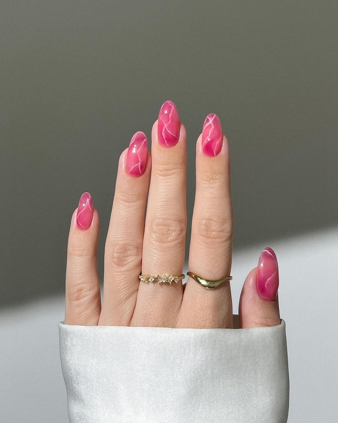 Medium Almond Vibrant Pink Marble Nails — Looks Nail