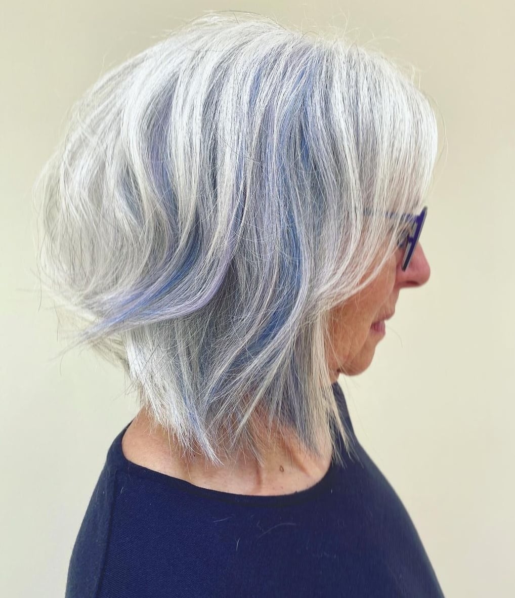 Collarbone Silver Shag With Blue Streaks — Low Maintenance Haircuts