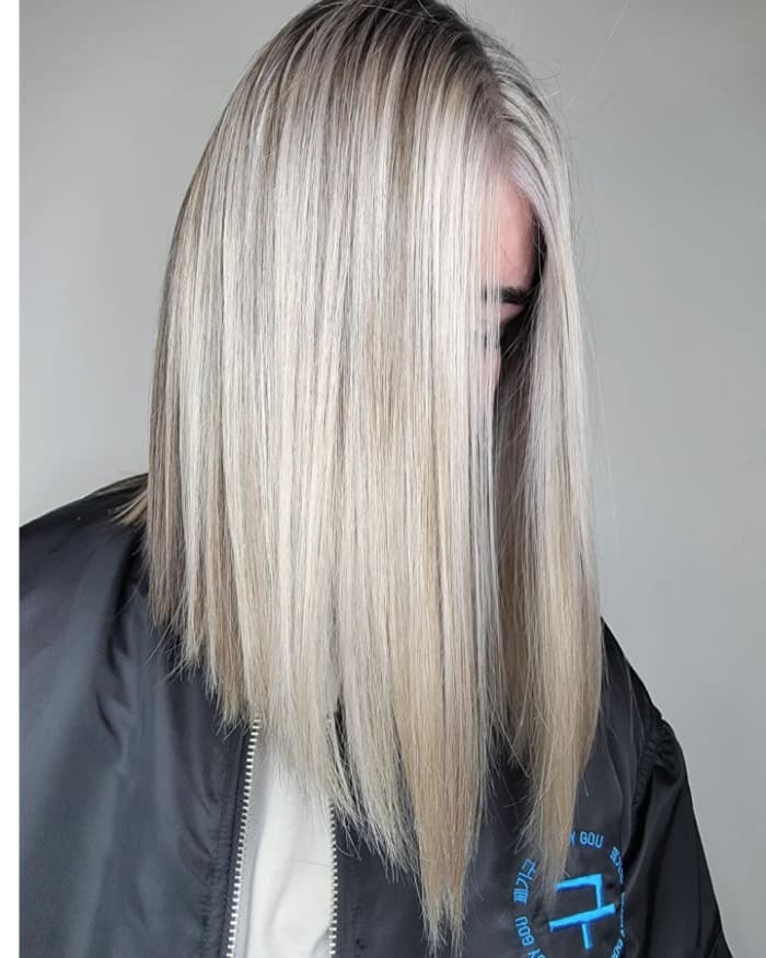 Chin Length Blunt Bob With Ash Blonde and Straight Blowout — Low Maintenance Haircuts