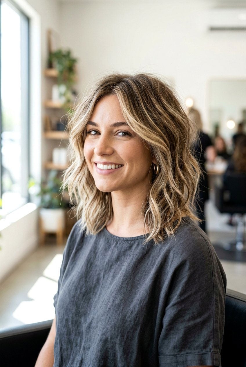 Collarbone Lob With Face-Framing Curtain Bangs — Low Maintenance Haircuts