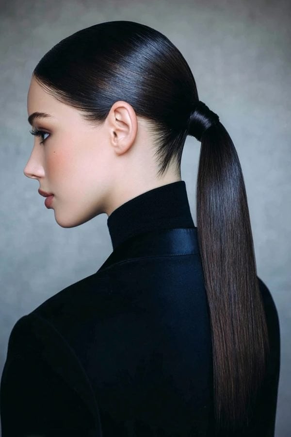 Sleek Mid-Back Low Ponytail Dark Brown — Low Ponytail Hairstyles